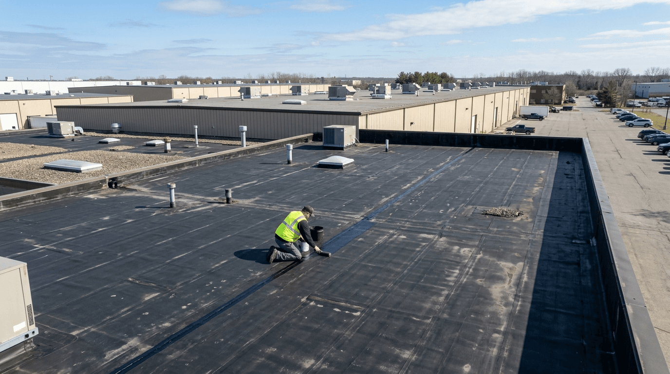 A roofer applying sealant to a large flat commercial roof on an industrial unit, aerial view — Commercial & Industrial Roofing in Hampshire