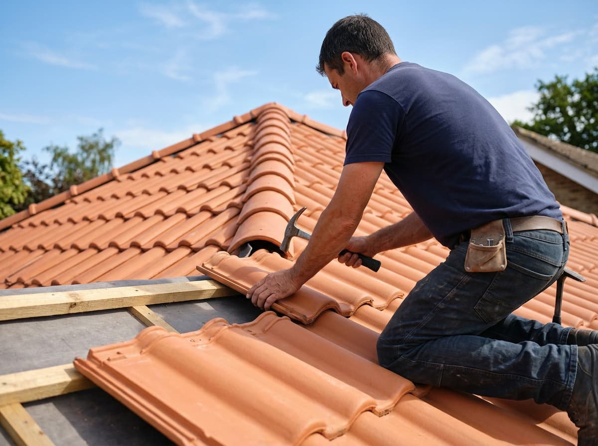 A new clay-tile pitched roof in close three-quarter view, crisp courses under a blue sky — Pitched Roofing (Slate & Tile) in Hampshire