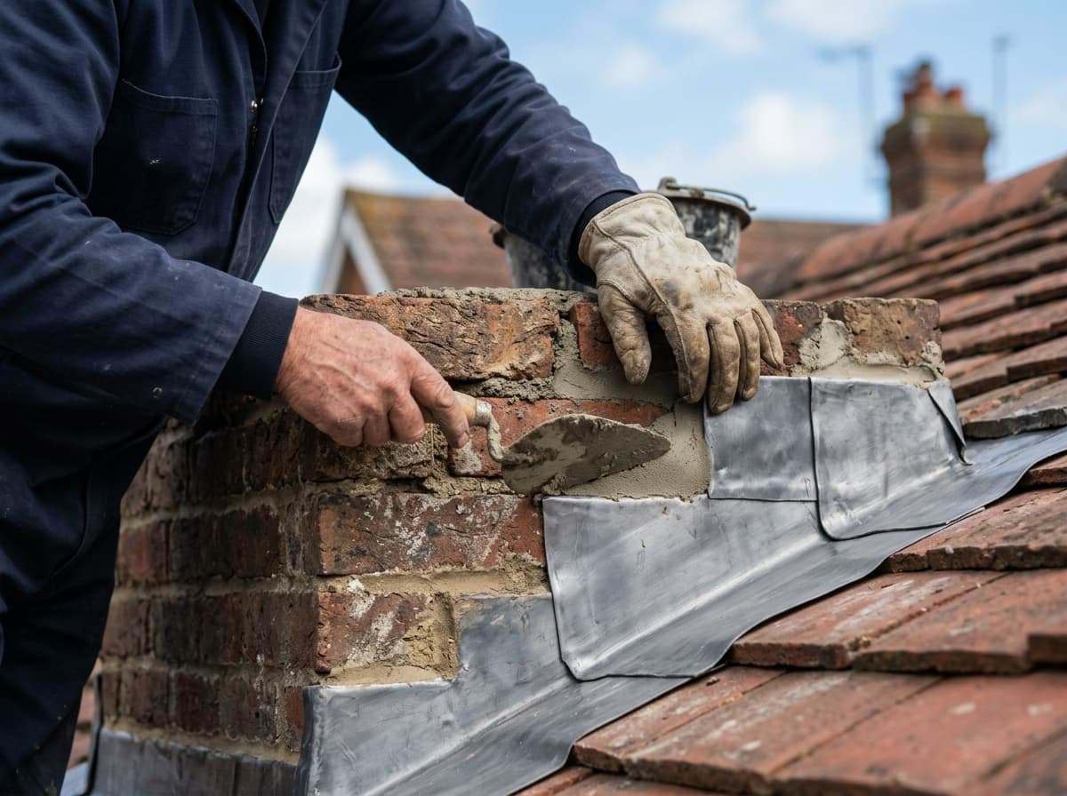 Close detail of chimney repointing and re-flashing, hands and tools working fresh mortar — Chimney Repairs & Repointing in Hampshire