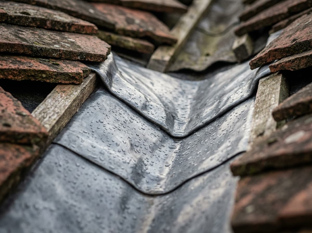 Macro of lead flashing dressed into a roof valley in low raking light, water beading on the surface — Leadwork & Flashing in Hampshire