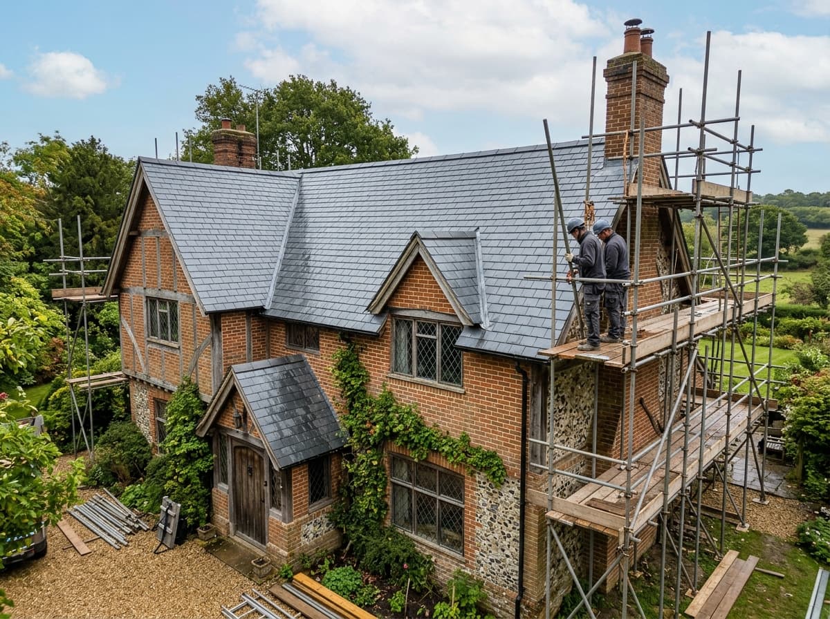 A new grey natural-slate roof on a period Hampshire property with the scaffold coming down
