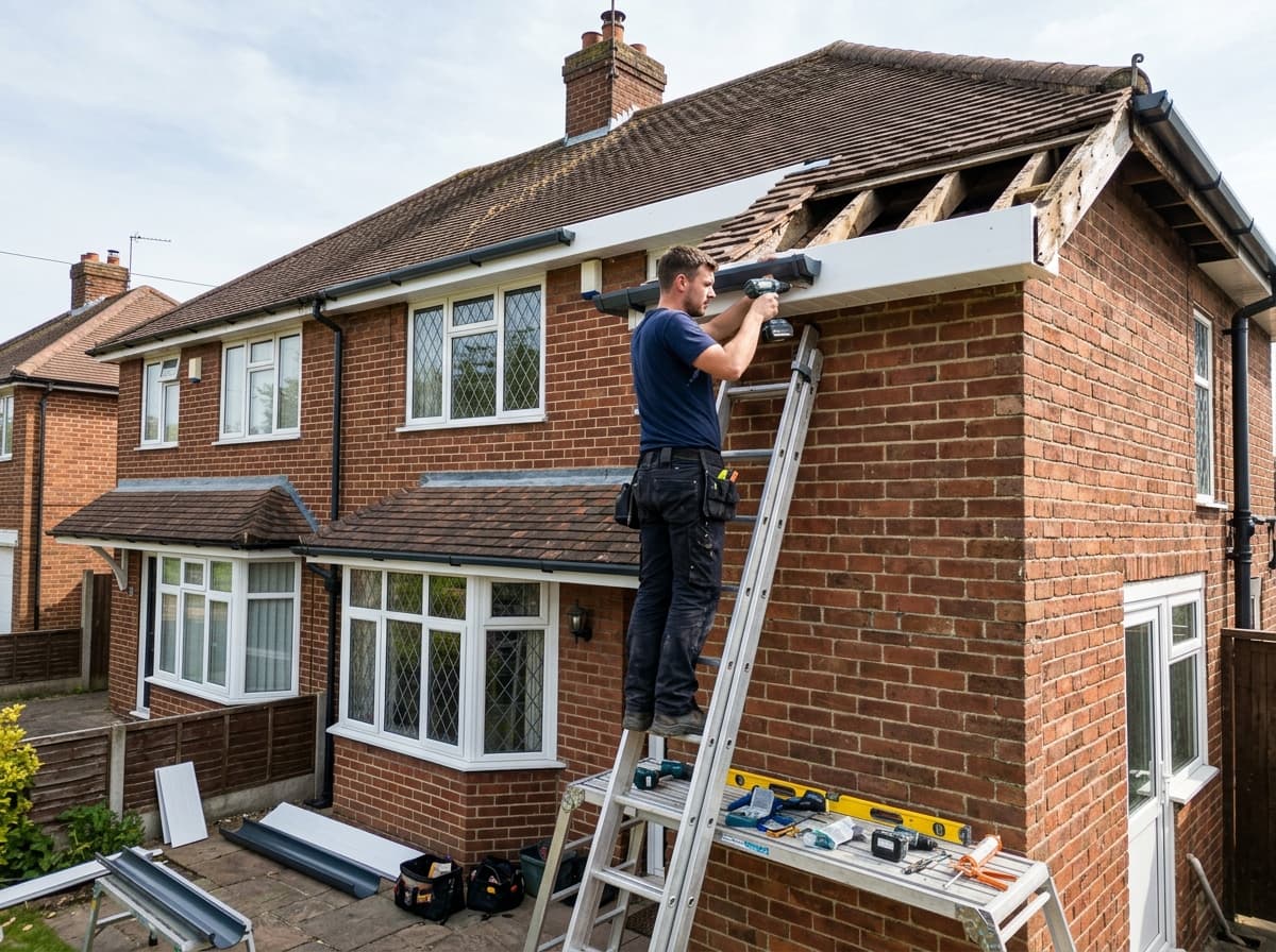 Guttering, fascia and soffit replacement in progress along the eaves of a 1930s-style semi — roofing work in Fareham