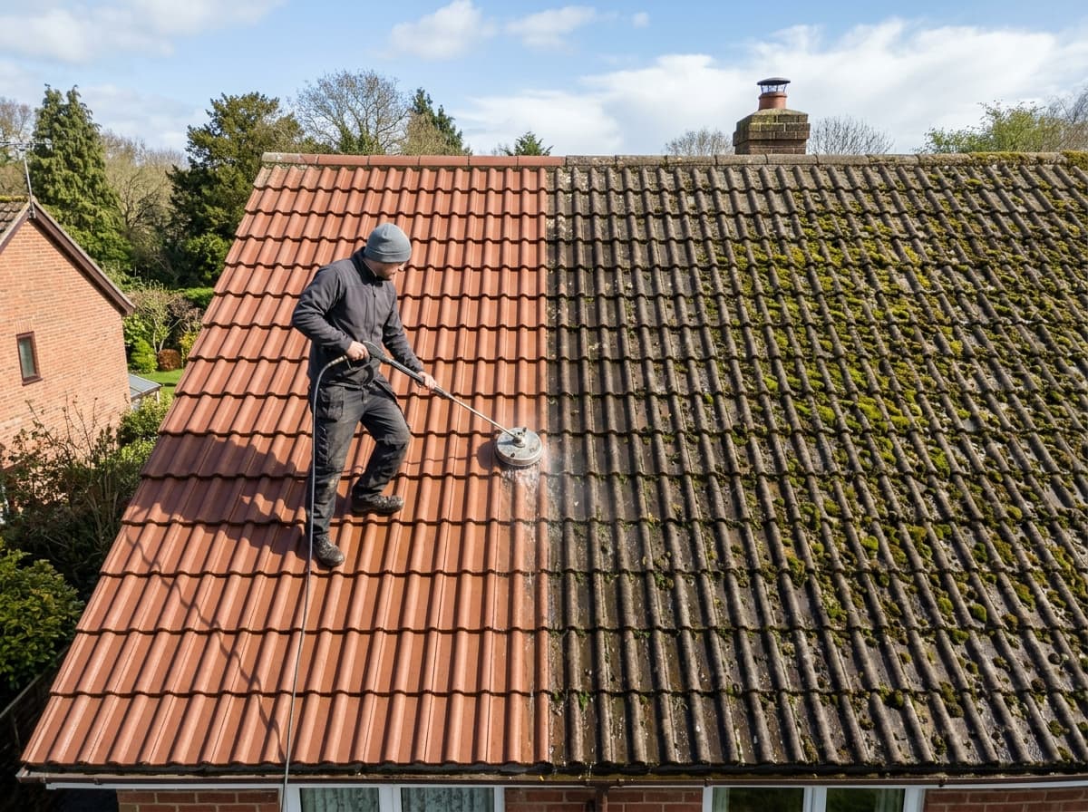Roof cleaning and moss removal showing the contrast between mossy and cleaned tile
