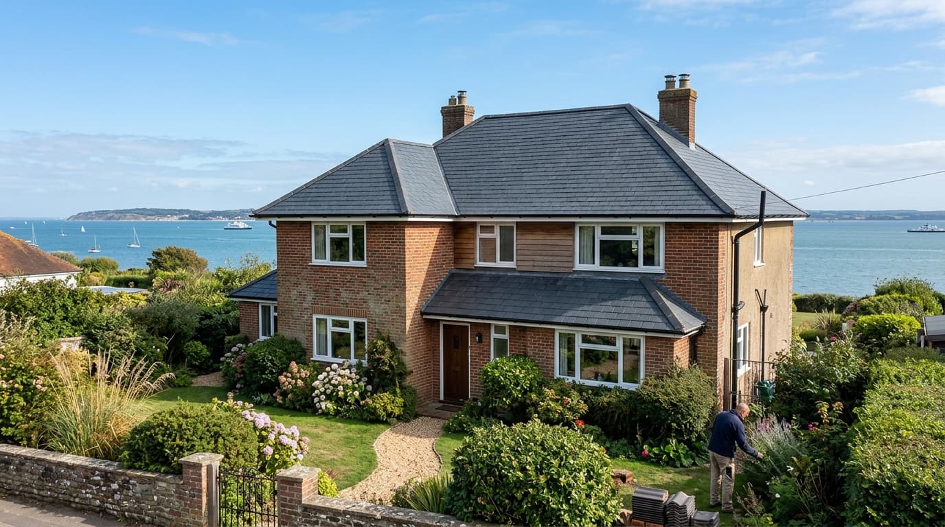 Wide exterior of a completed re-roof on a coastal Solent house under a storm-clean sky