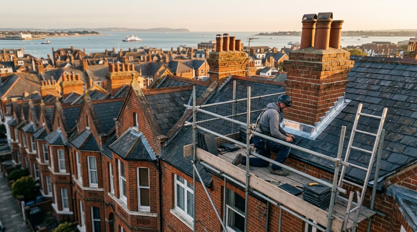 A roofer on a pitched natural-slate roof of a Hampshire house at golden hour, scaffold up and fresh lead flashing at the chimney