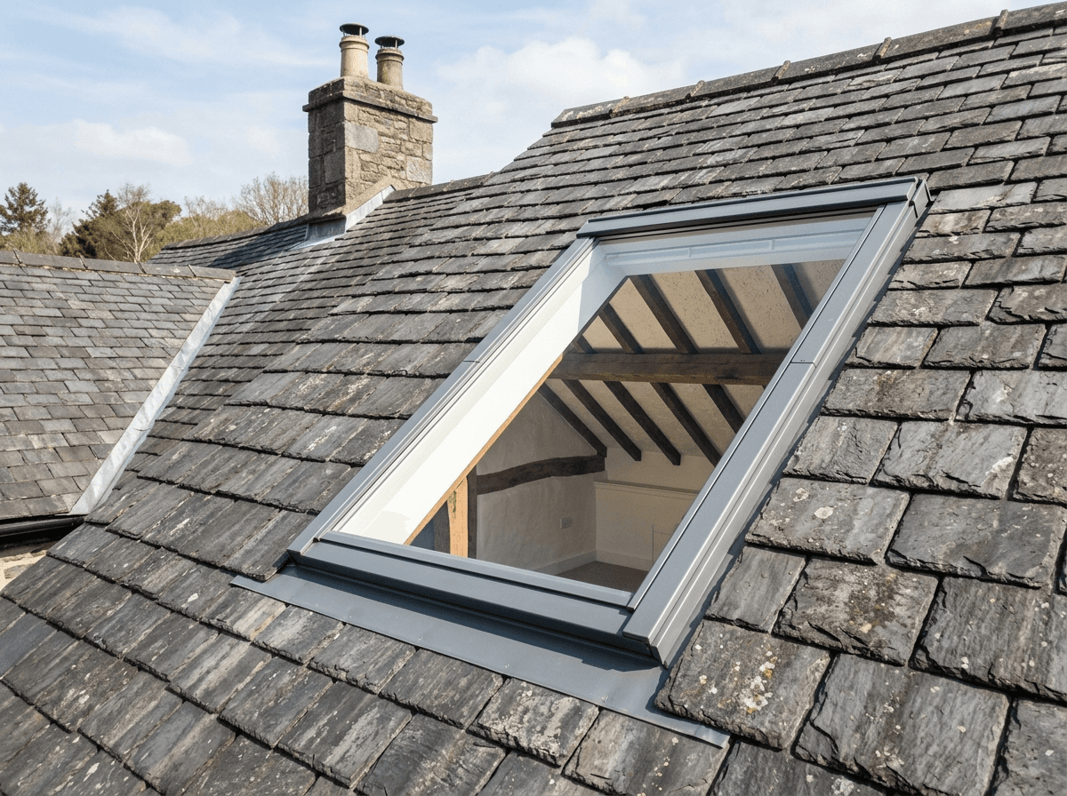 A freshly fitted skylight window open on a natural-slate roof, exposed timber rafters visible inside — Velux & Skylight Installation in Hampshire